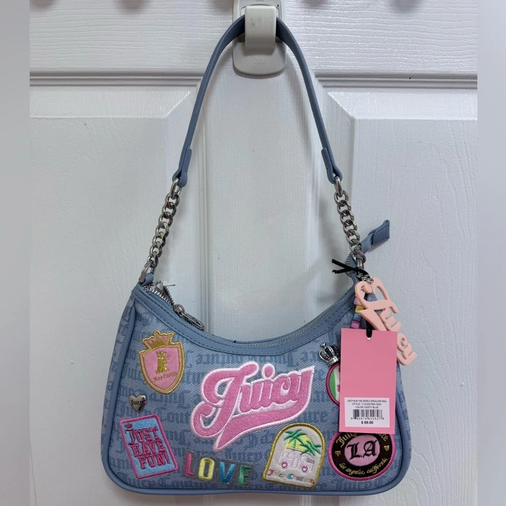 NWT Juicy Couture Juicy Run The World Shoulder Bag in Dusty Blue - Picture 3 of 4